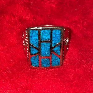 Turquoise Chip Inlay Mosaic Design Silver Ring